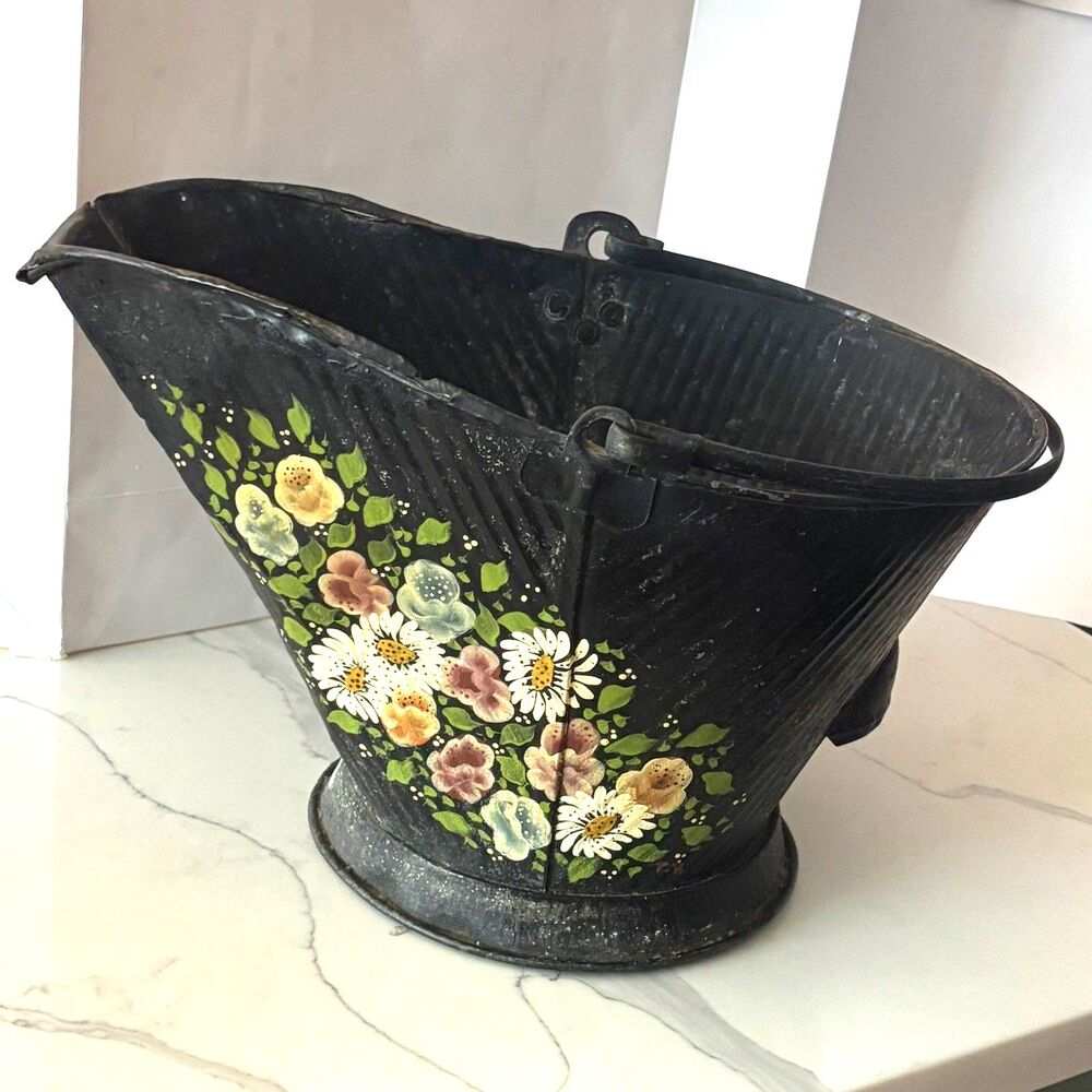 Vintage Coal-Ash Scuttle Bucket Hand Painted Floral & Black Folk Art Cottagecore